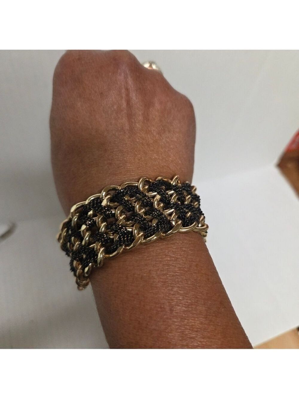 Gold-tone Chainmaille Cuff Bracelet with Interlaced Multi-colored Chain